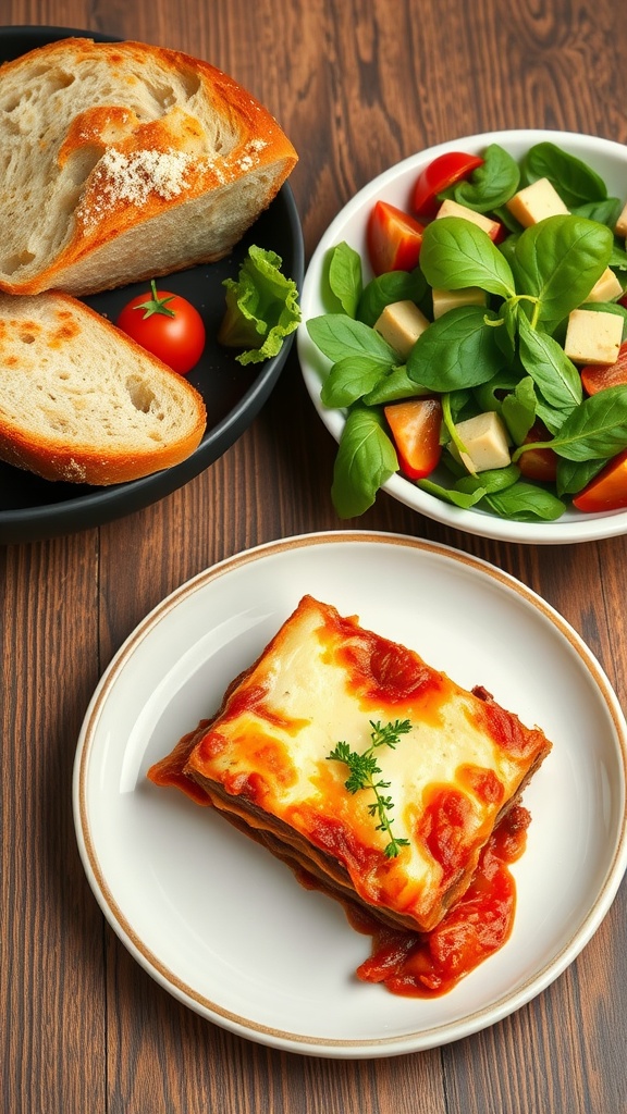 An elegantly plated keto lasagna with layers of zucchini and cheese, served with a fresh salad and crusty bread on a wooden table.