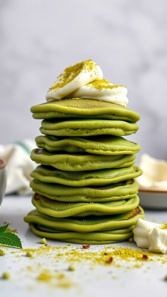 A stack of green matcha pancakes with whipped cream on top.