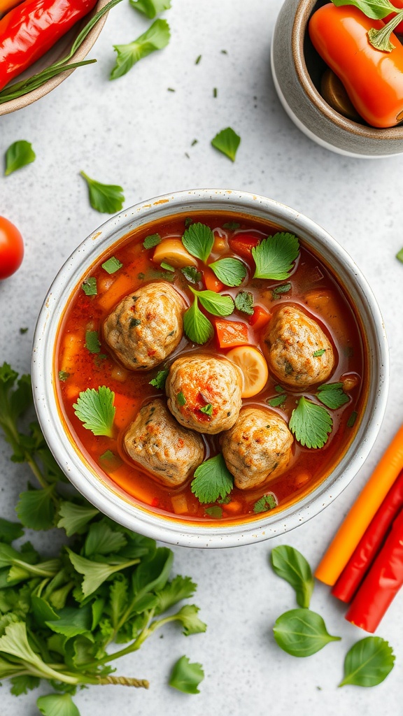 A bowl of keto meatball soup with fresh herbs and colorful vegetables