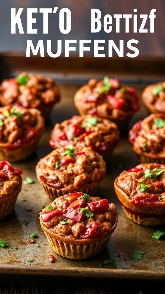 Delicious keto meatloaf muffins topped with ketchup and garnished with herbs.