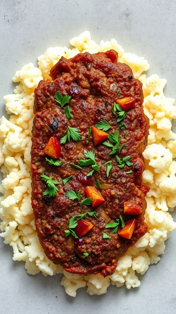 Keto meatloaf served over cauliflower rice with garnish
