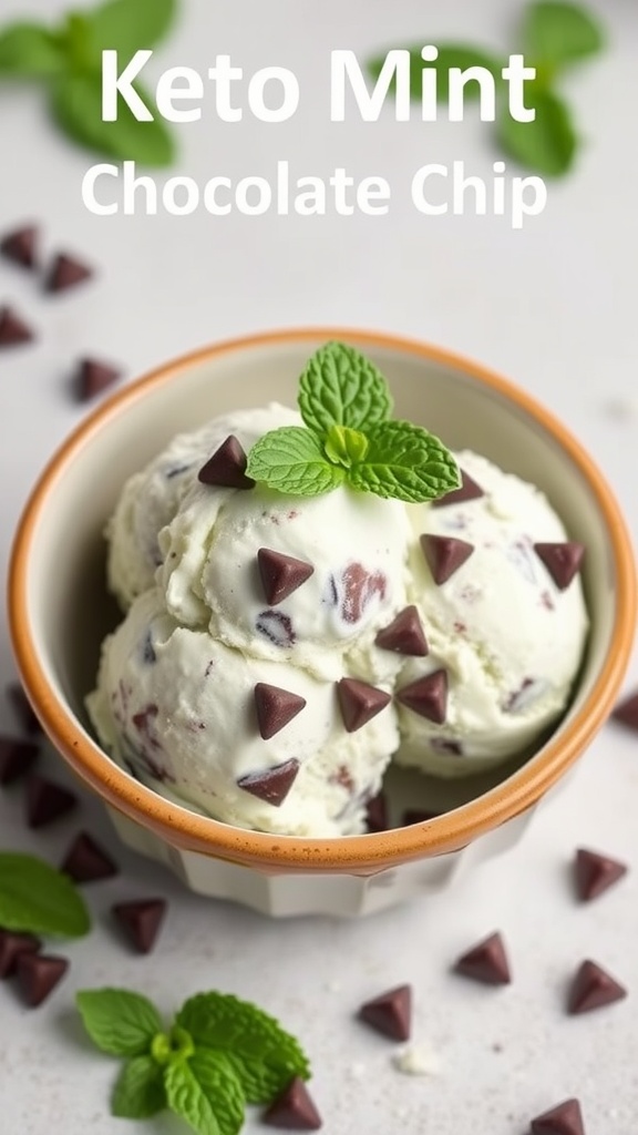 Bowl of Keto Mint Chocolate Chip Ice Cream with mint leaves and chocolate chips