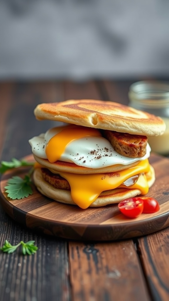 A delicious keto pancake breakfast sandwich with layers of cheese, egg, and sausage.