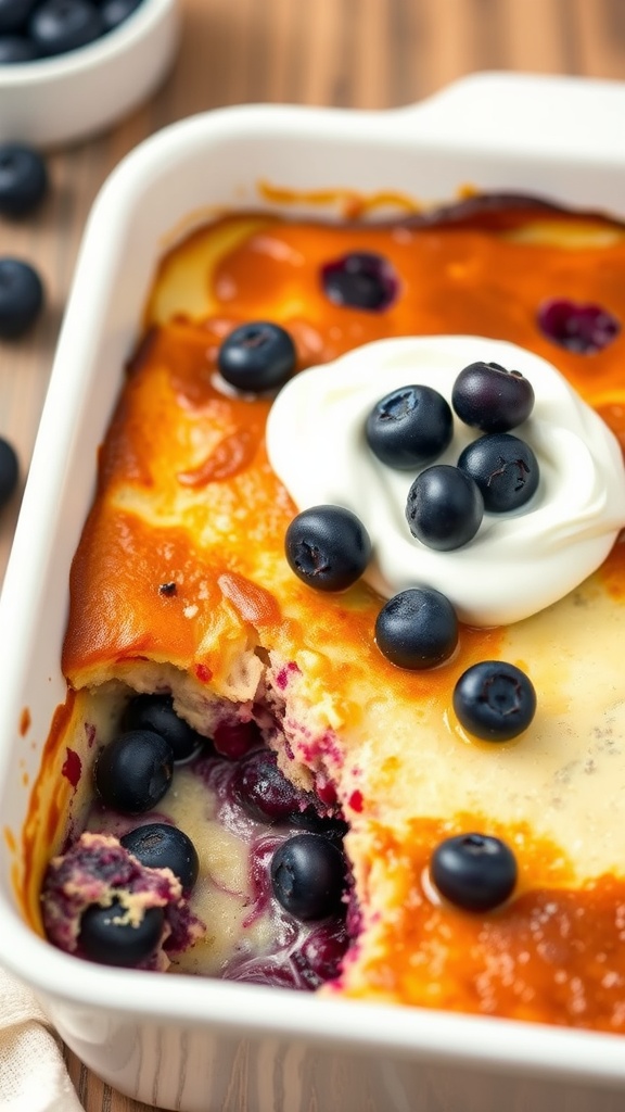 A delicious keto pancake casserole topped with blueberries and whipped cream.