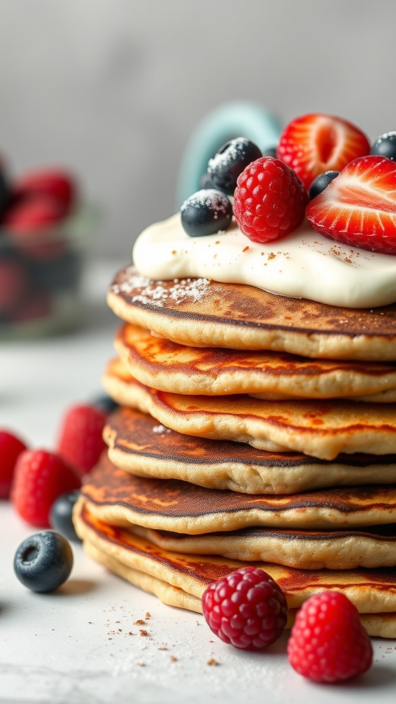 A stack of keto pancake lasagna with berries and cream cheese.