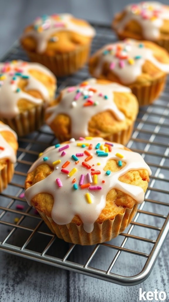 Delicious keto pancake muffins with icing and colorful sprinkles.