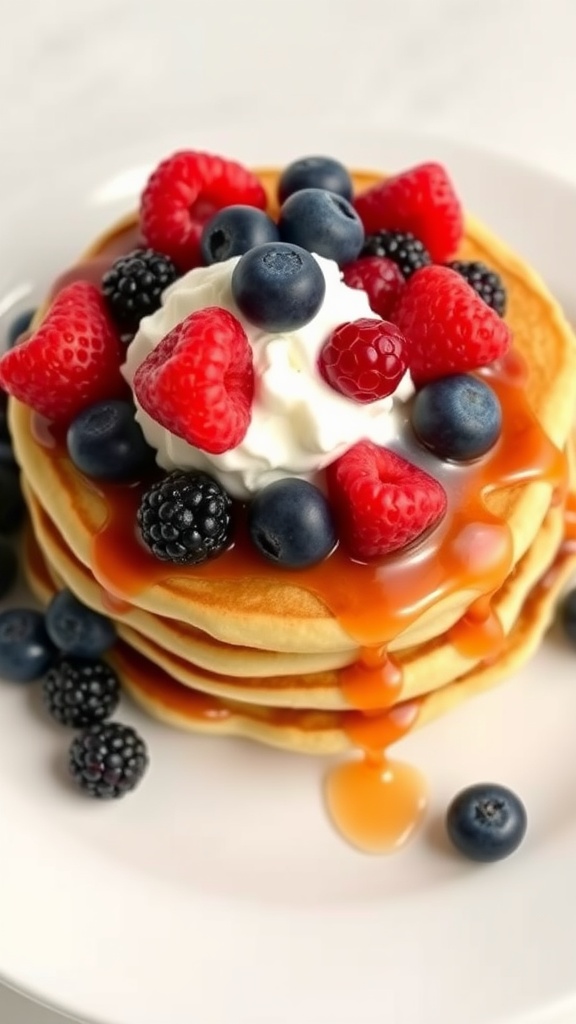 Keto pancakes topped with berries and cream on a plate