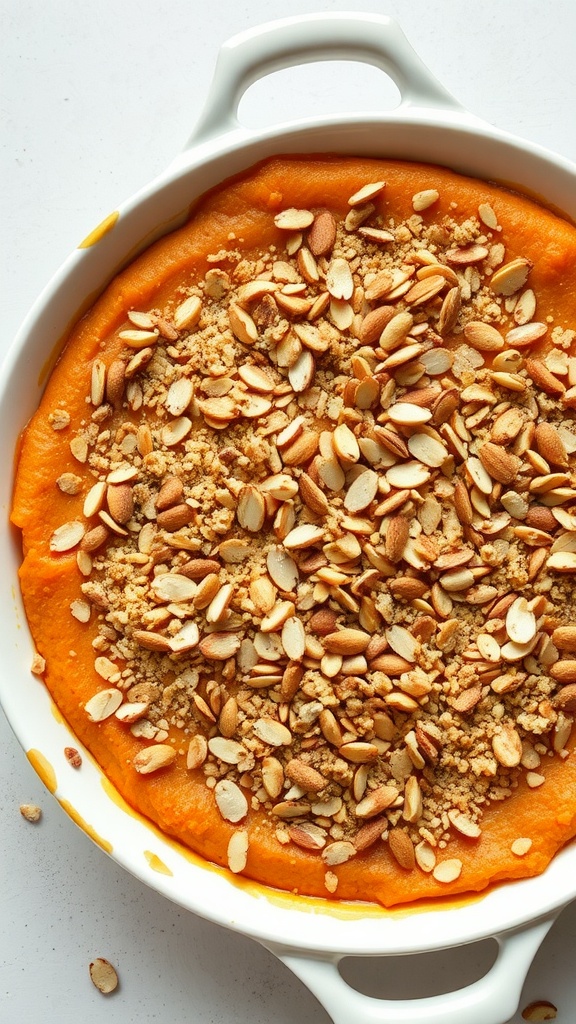 Delicious keto pumpkin casserole topped with nuts and a crunchy topping.