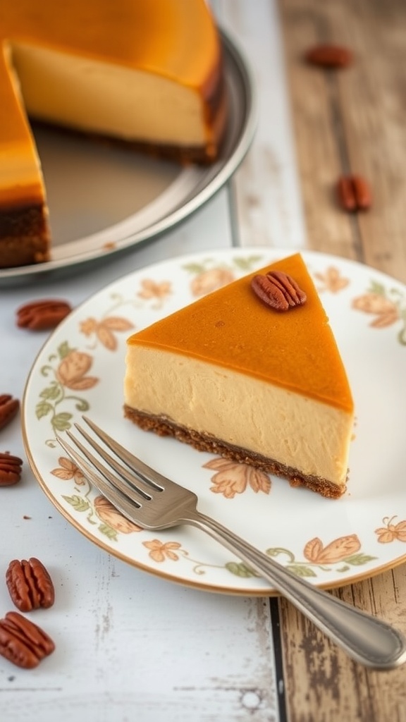 Slice of keto pumpkin cheesecake with pecans on a decorative plate