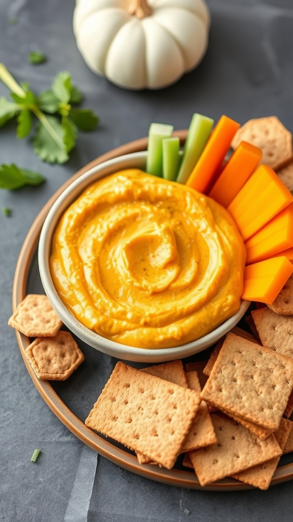 A creamy pumpkin dip surrounded by celery, carrot sticks, and crackers on a wooden platter.