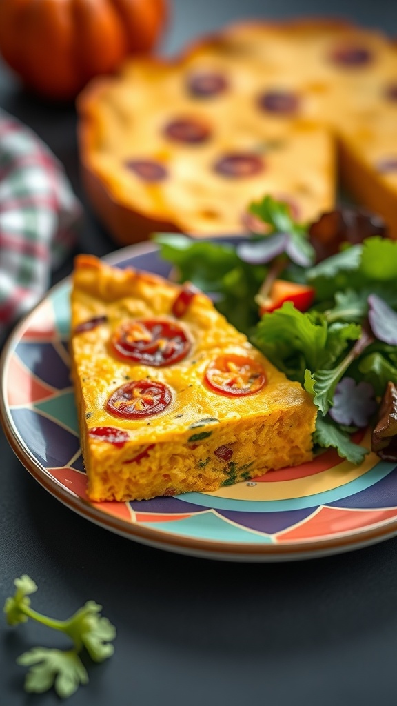 A slice of keto pumpkin frittata served with a side salad.