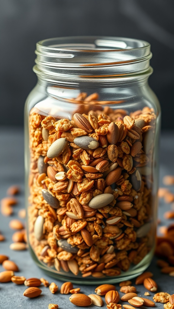 A jar filled with homemade keto pumpkin granola full of nuts and seeds.
