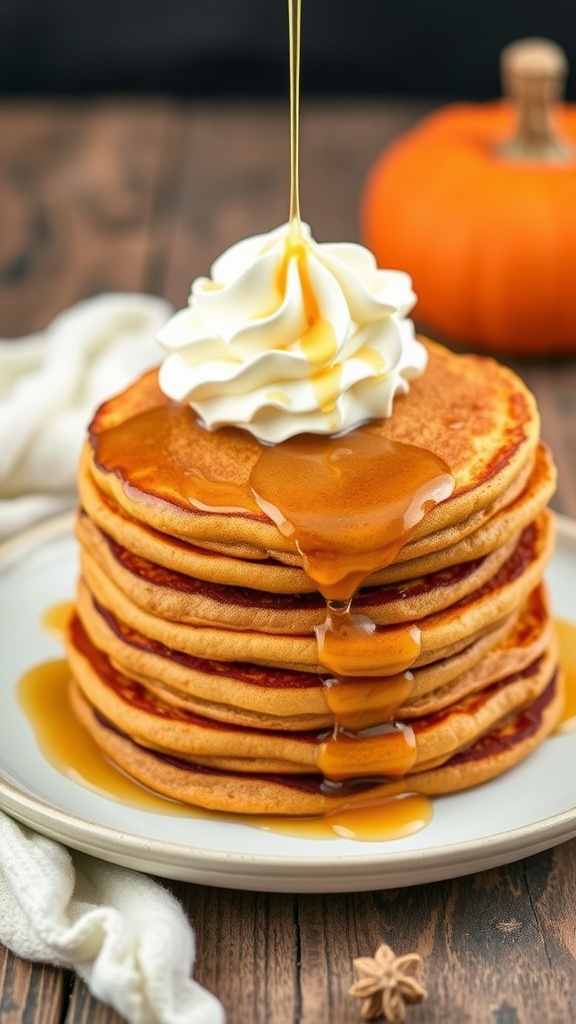 A stack of fluffy keto pumpkin pancakes with syrup and whipped cream.
