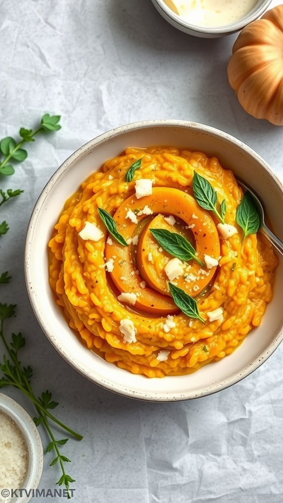A bowl of creamy keto pumpkin risotto garnished with herbs.