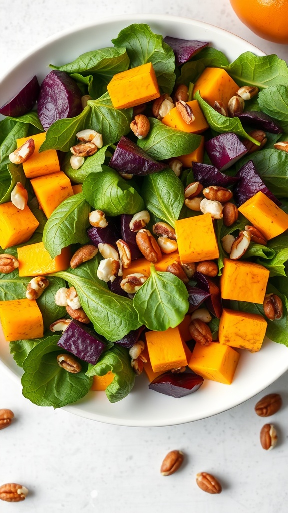 A vibrant keto pumpkin salad with greens, pumpkin cubes, and pecans.