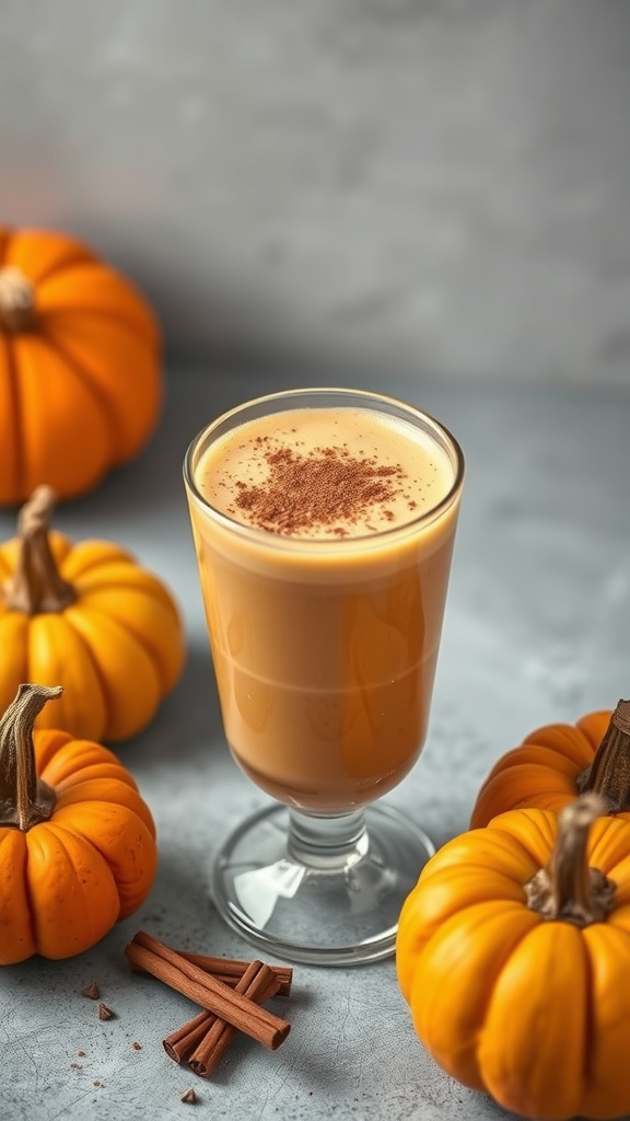 A creamy pumpkin smoothie served in a glass, surrounded by small pumpkins and cinnamon sticks.