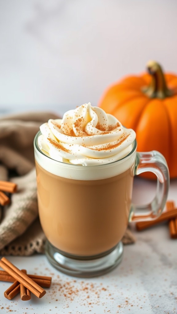A cozy cup of pumpkin spice latte topped with whipped cream and cinnamon, with a pumpkin in the background.