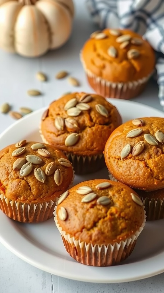 Keto pumpkin spice muffins topped with pumpkin seeds