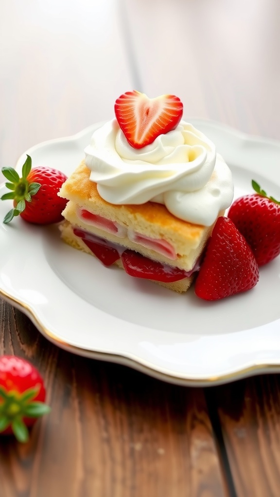 A slice of Keto Strawberry Shortcake topped with whipped cream and fresh strawberries on a white plate.