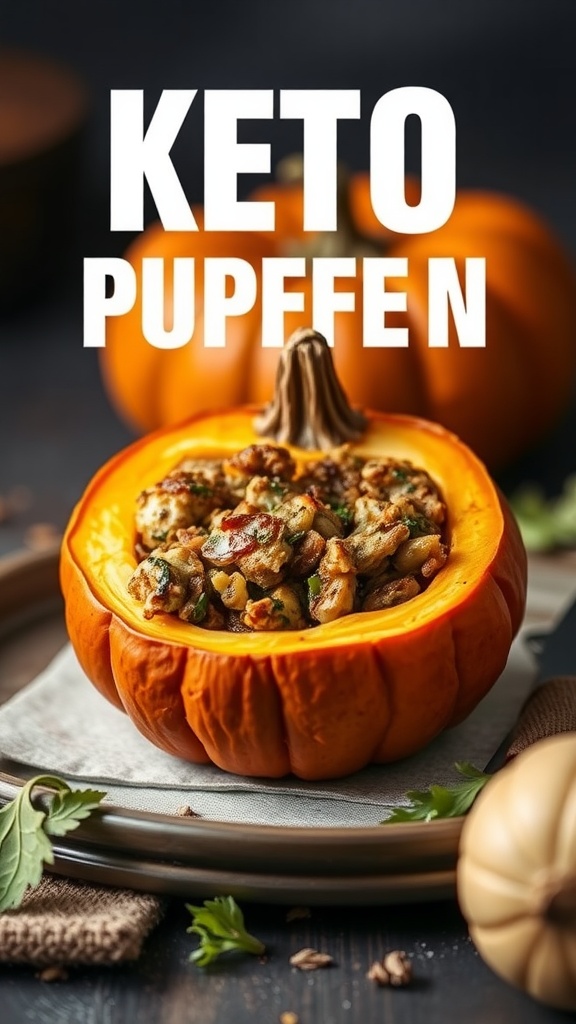 A delicious keto stuffed pumpkin filled with savory ingredients.