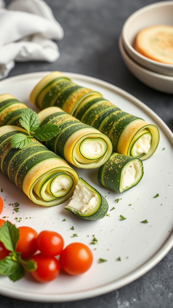 Keto Zucchini Roll-Ups filled with ricotta and garnished with fresh herbs