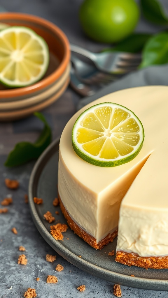A delicious slice of Key Lime Keto Cheesecake topped with a lime slice.