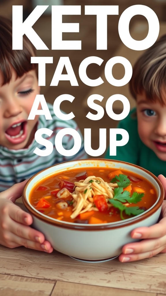 A bowl of keto taco soup, ideal for kids, topped with fresh cilantro.