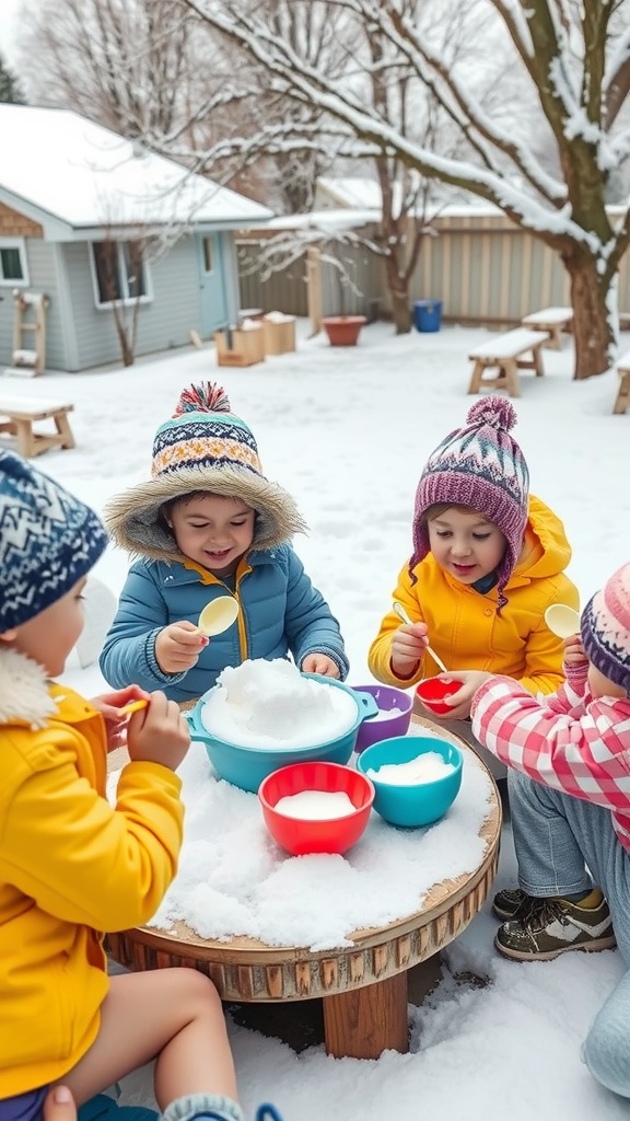 A group of children enjoying snow ice cream outdoors in winter attire.