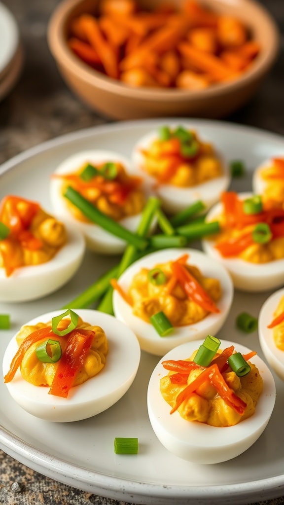 A plate of kimchi deviled eggs garnished with green onions.