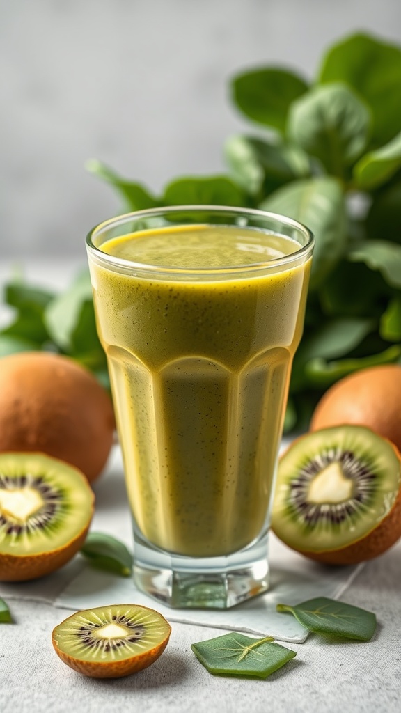 A green smoothie made with kiwi and spinach in a glass, surrounded by fresh ingredients.