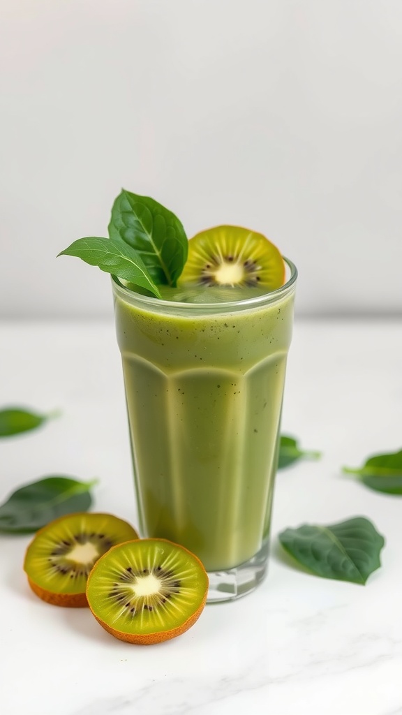 A refreshing green smoothie with kiwi and spinach in a glass, garnished with a slice of kiwi.