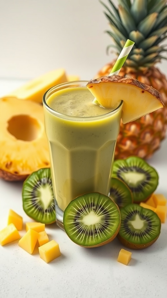 A glass of kiwi pineapple smoothie garnished with a pineapple slice, surrounded by fresh kiwi and pineapple pieces.