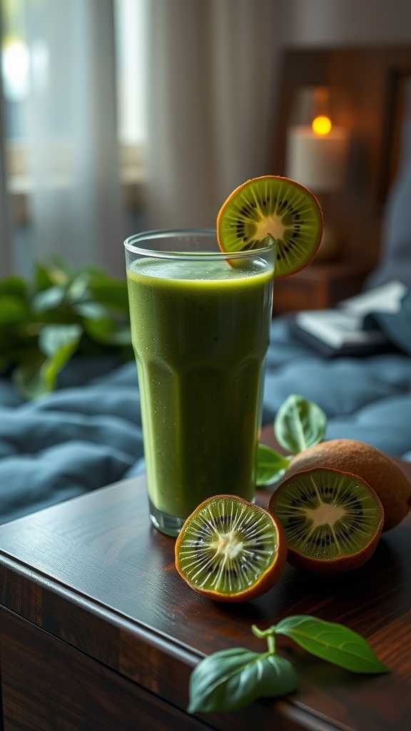A refreshing kiwi spinach smoothie in a glass with kiwi slices on the side.