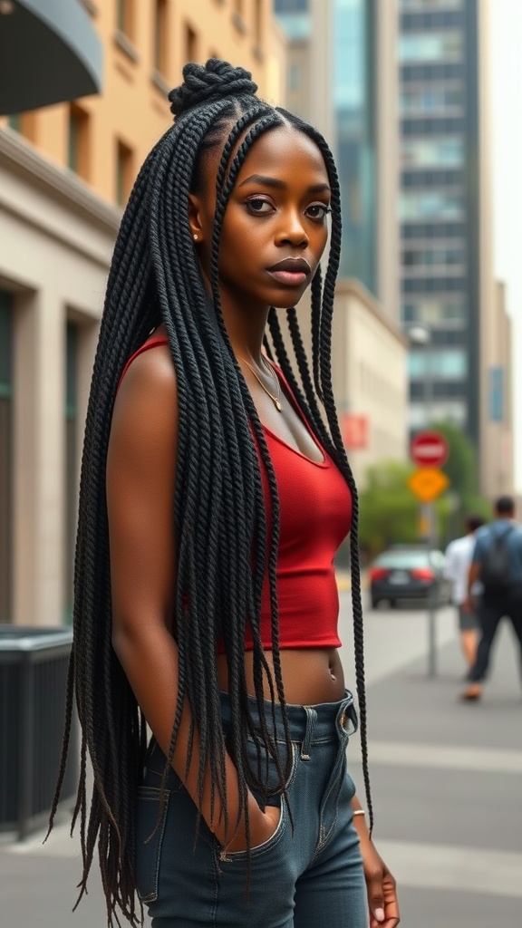 A person with long knotless box braids, wearing a red top and denim jeans in an urban setting.