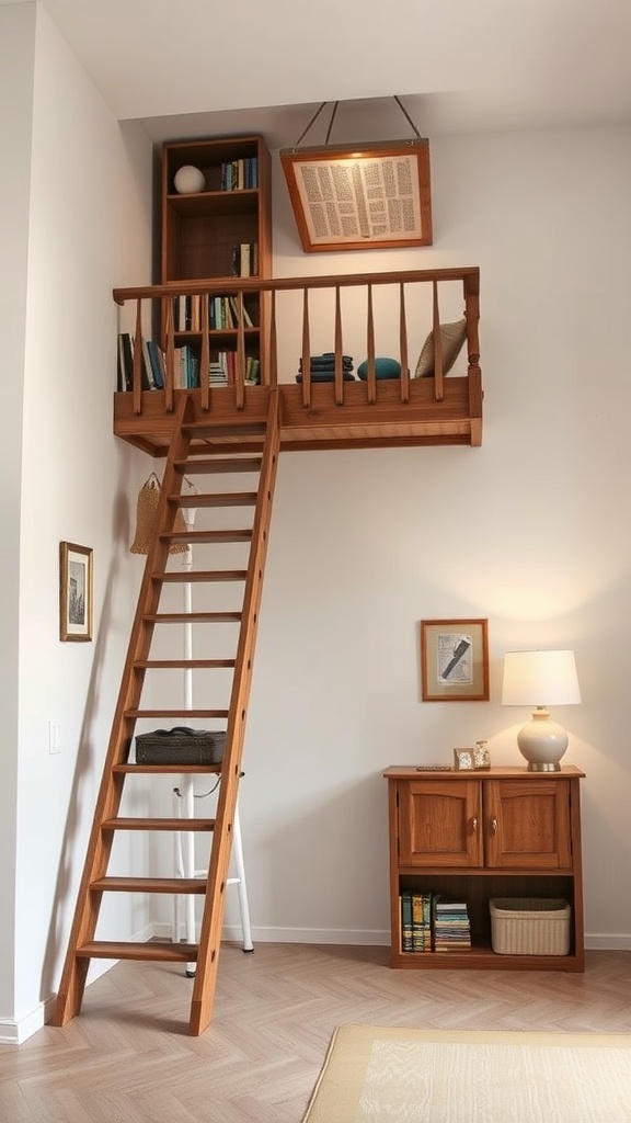 A wooden ladder-style staircase leading to a small loft area with bookshelves.