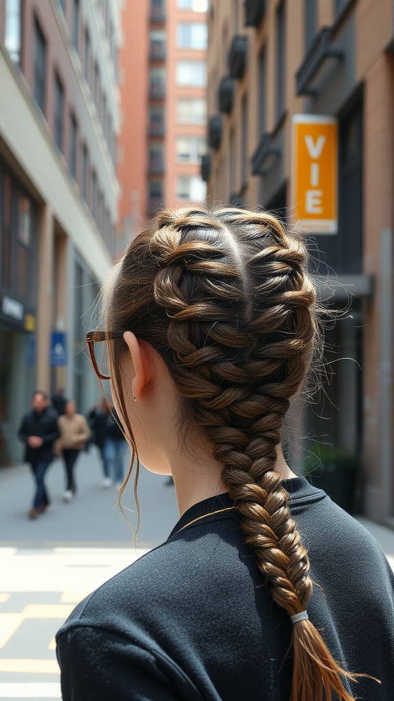 A person with a ladder braid hairstyle in a city setting