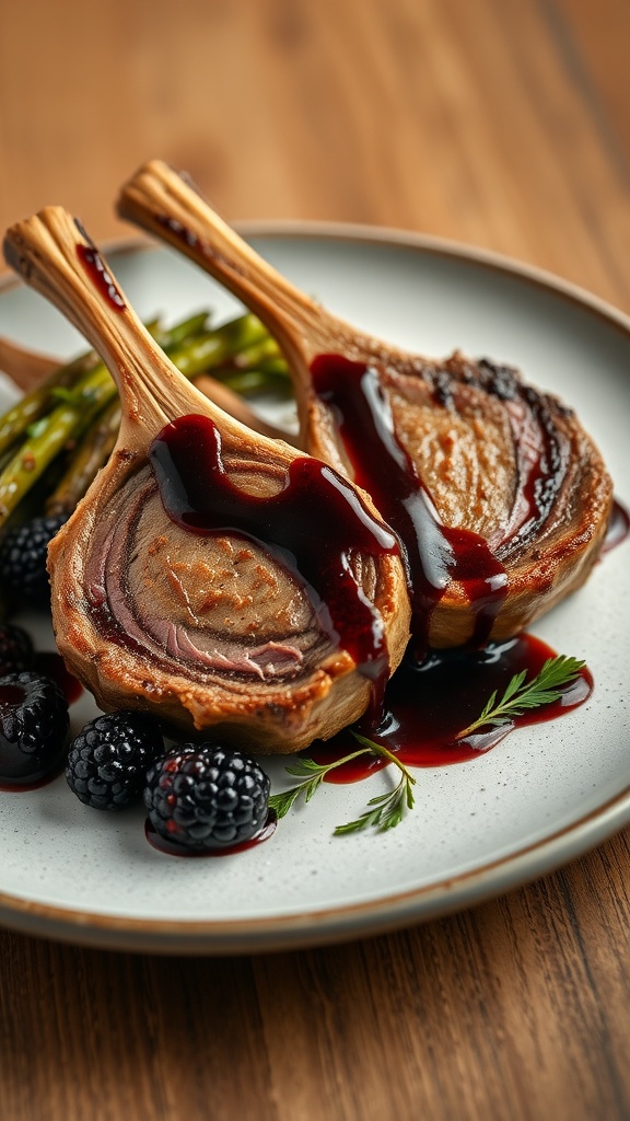 Delicious lamb chops served with a blackberry reduction sauce and garnished with fresh thyme.