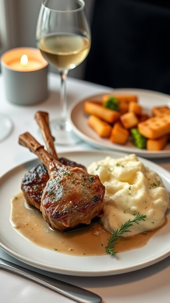 Plate of lamb chops with garlic mashed potatoes and a side of vegetables