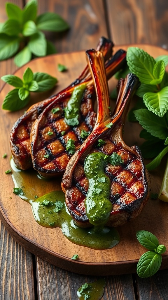 Lamb chops served with mint chimichurri sauce and garnished with fresh mint leaves.