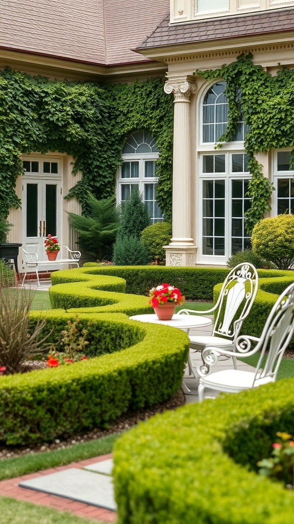 Landscaped garden with neatly trimmed hedges and elegant seating by the home.