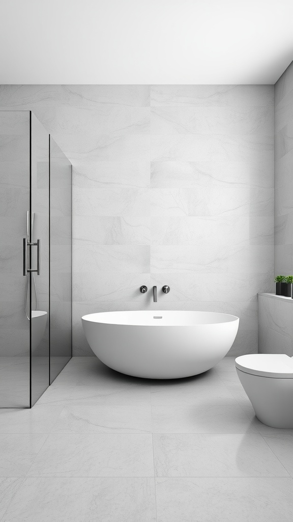 Modern bathroom with large-scale tiles, featuring a sleek shower and oval tub.