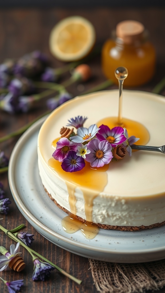 A slice of lavender honey keto cheesecake drizzled with honey, garnished with edible flowers.