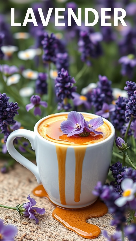 A white mug with lavender honey cake topped with flowers, surrounded by lavender blossoms.