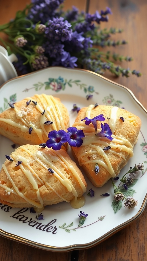 Lavender Honey Scones on a decorative plate with lavender sprigs.