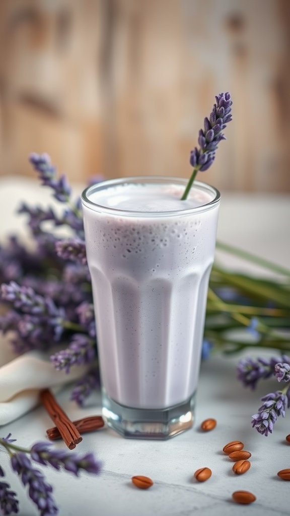 A glass of lavender vanilla smoothie with lavender flowers and cinnamon sticks.
