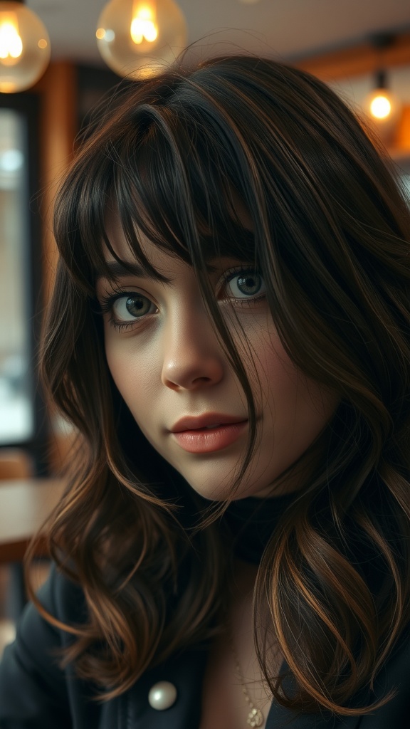 A young woman with layered bangs and soft waves, giving a relaxed and stylish appearance.