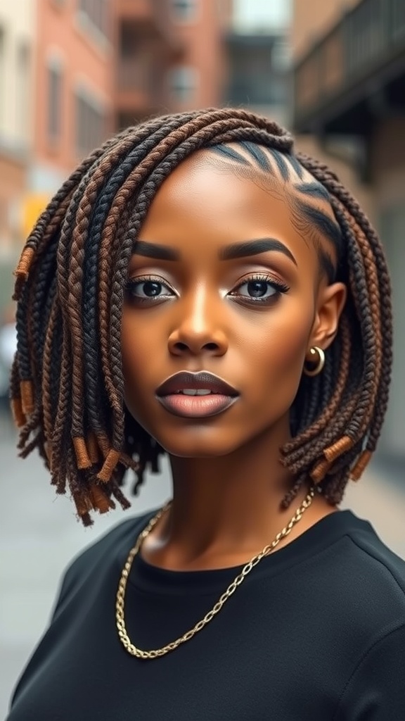 A woman with layered bob box braids, wearing a black top and a gold necklace.