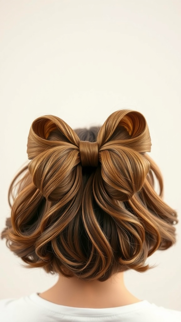 A hairstyle featuring layered curls with a large bow on top.