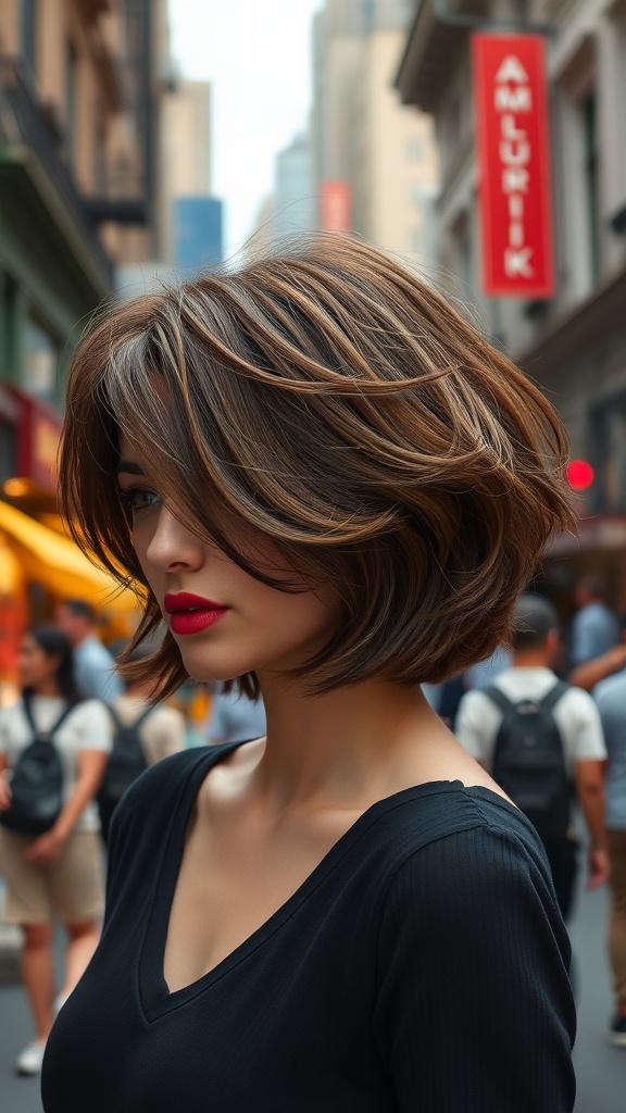 A stylish woman with a layered choppy bob hairstyle, showcasing volume and movement.