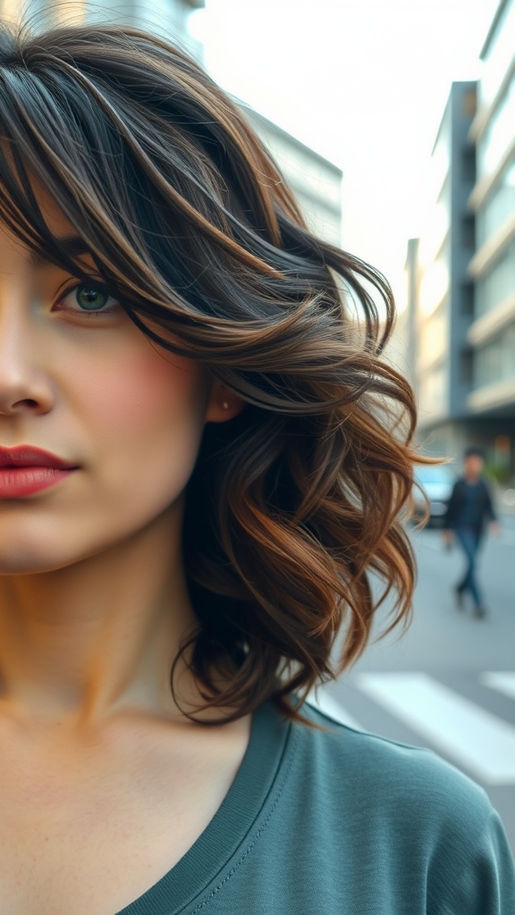 A woman with a layered cut and loose curls, showcasing a casual hairstyle for long hair.
